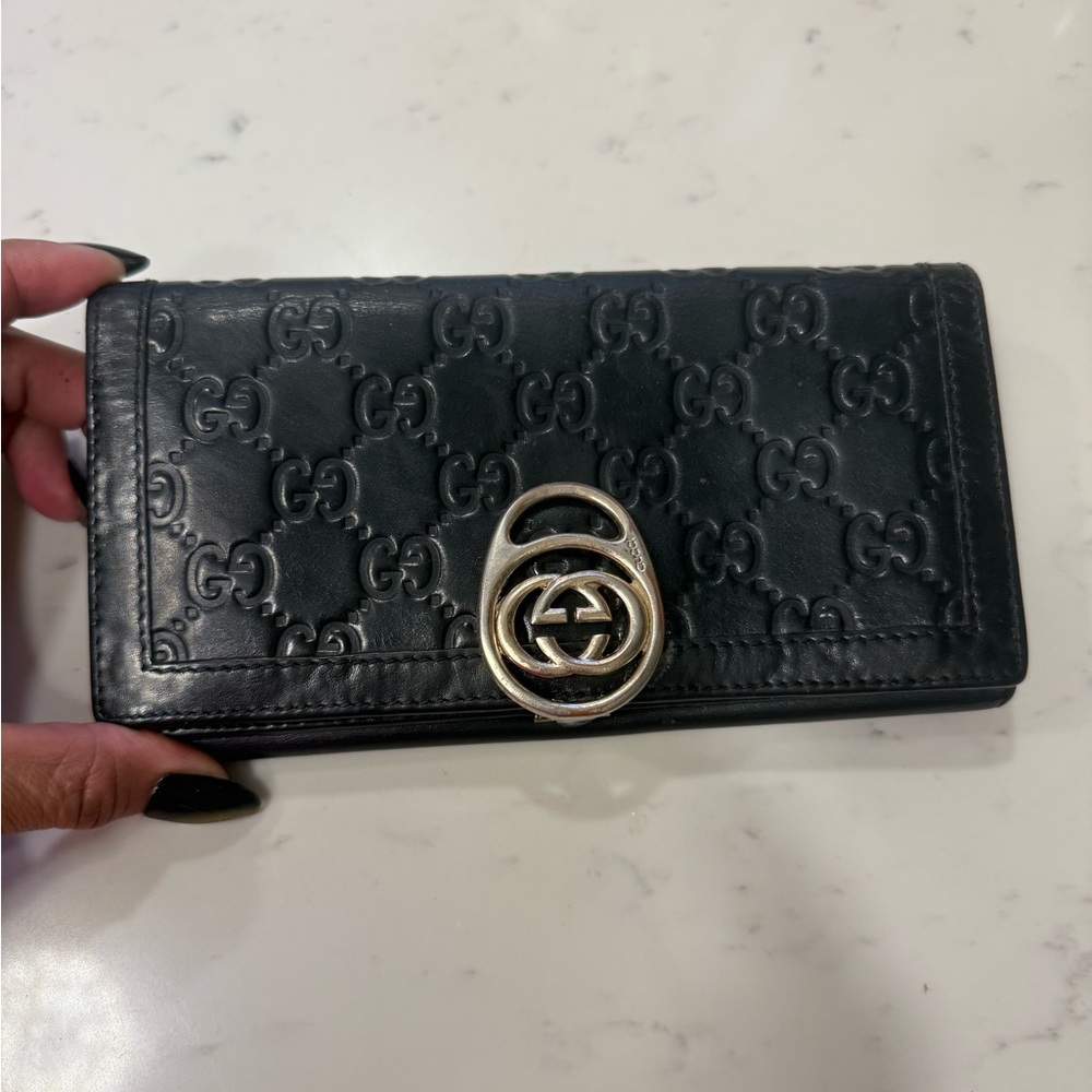 Gucci Black Embossed Leather Wallet with Silver Hardware